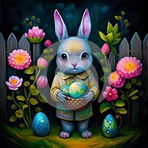 An abstract bunny stands with a large Easter egg basket