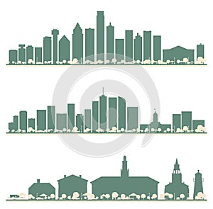 Abstract Burlington Vermont, Denver and Dallas USA City Skyline set with Color Buildings. Illustration