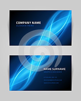 Abstract business card with blue waves vector template. Blue geometric lines futuristic gradient dance.