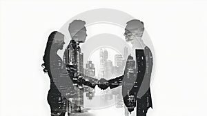 Abstract Business Handshake Blending Cityscape with People, Monochrome Double Exposure Concept Illustration. AI