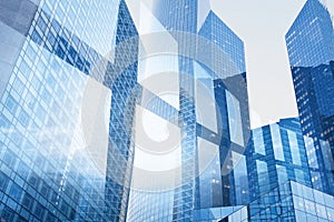 Abstract business interior background, blue window double exposure, technology