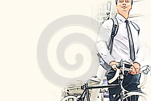 Abstract business man bike on bicycle on watercolor illustration painting background