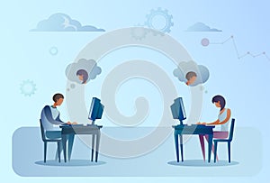 Abstract Business Man And Woman Sitting At Office Desk Working Laptop Computer Chatting Social Media Communication