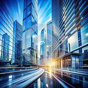 Abstract business modern city urban futuristic architecture background. Real estate concept, motion blur, reflection in glass of photo