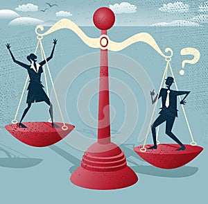 Abstract Business People balance on giant scales.