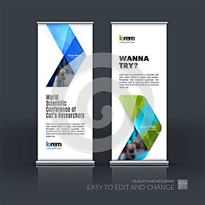 Abstract business vector set of modern roll Up Banner stand design template with yellow arrows, triangles for exhibition, fair, s