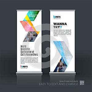 Abstract business vector set of modern roll Up Banner stand design template with yellow arrows, triangles for exhibition, fair, s