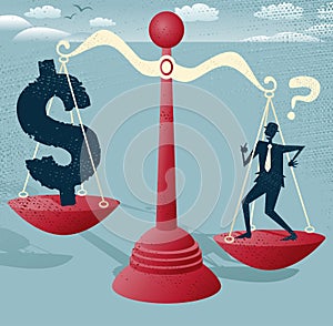 Abstract Businessman and Dollar Sign on scales.