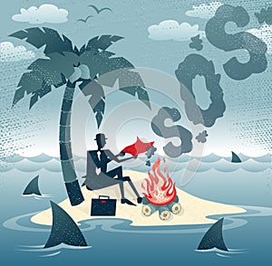 Abstract Businessman sends Smoke Signals on an Island.