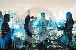 Abstract businesspeople silhouettes working together on dark city skyline background with glowing forex chart hologram. Teamwork,