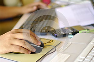 Abstract busy working desk hand and keyboard