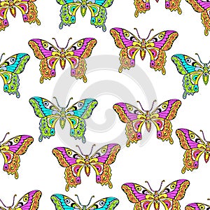 Abstract butterflies seamless pattern, hand drawing, textile print, vector illustration. Patterned colorful bright neon insect wit