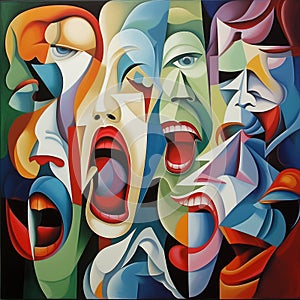 Abstract cacophony in vibrant cubist faces. AI generation