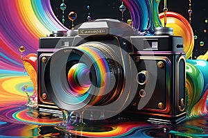 Abstract Camera Merging Futuristic and Antique Design Elements: Drenched in a Spectrum of Liquid Radiance