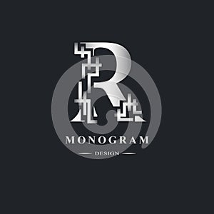 Abstract Capital letter R. Graceful Linear style. Geometric Strict design. Beautiful logo. Silver emblem for book design, brand na