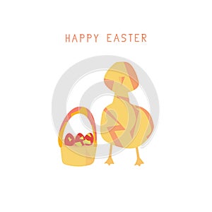 Abstract card with chicken on a white background, basket with eggs for Easter