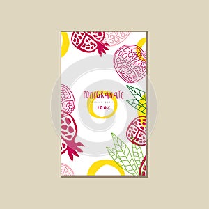 Abstract card with ripe halves of pomegranate. Sweet and healthy fruit. Natural product. Hand drawn vector design for