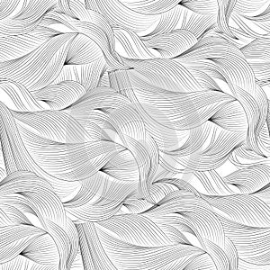 Abstract cartoon black white background, wallpaper. Doodle pattern sea waves, ocean, river, wind. Seamless texture