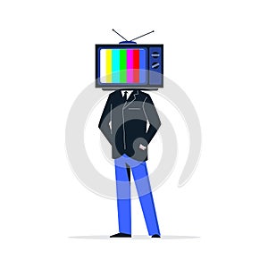Abstract cartoon male person in suit with tv head standing isolated on white background