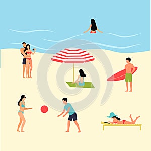 Abstract cartoon people on the beach. Surfer boy, people play wi