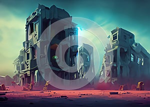 abstract cartoon style scenery of post apocalypse world created with generative ai technolgy