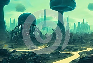 abstract cartoon style scenery of post apocalypse world created with generative ai technolgy