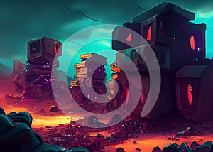 abstract cartoon style scenery of post apocalypse world created with generative ai technolgy