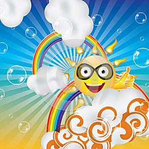 Abstract cartoon sun clouds and rainbow background