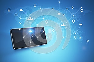 Abstract cell phone with glowing map on background. Network, social media, gps, communication and digital transformation