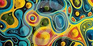 Abstract cellular shapes in bright yellow and blue hues create a vibrant organic pattern