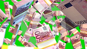 Falling euro bills on green creen