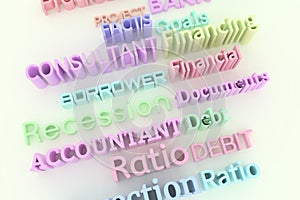 Abstract CGI typography, business related keywords. Wallpaper for graphic design. Colorful, accountant, borrower, financial.