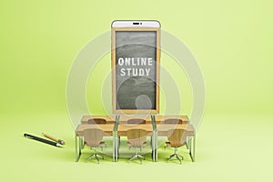 Abstract chalkboard screen smartphone, wooden desk and chairs on green background. Online education, training, workshop and