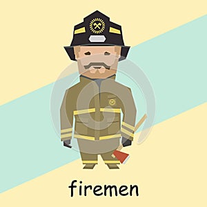 Abstract character, profession concept, drawn fireman in uniform with an axe. Cartoon illustration, clip art, icon