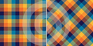 Abstract check plaid pattern for autumn winter in blue, orange, yellow. Seamless colorful mosaic gradient tweed tartan set.