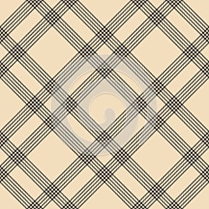 Abstract check plaid pattern in beige and black for spring autumn winter. Seamless diagonal tartan illustration for scarf, skirt.