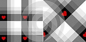 Abstract check plaid pattern with hearts for Valentine\'s Day in black, red, grey, white.
