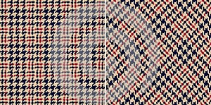 Abstract check plaid pattern tweed in navy blue, red, beige. Seamless houndstooth tartan vector set for spring autumn winter.