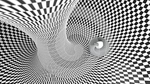 Abstract checker curved geometric background black and white colors. with reflection metall ball 3d illustration