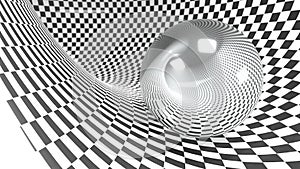 Abstract checker curved geometric background black and white colors. with reflection metall ball 3d illustration