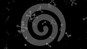 Abstract chemical formulas consisting of benzene rings on black background, seamless loop. Animation. Scientific pattern