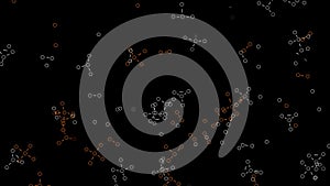 Abstract chemical formulas consisting of benzene rings on black background, seamless loop. Animation. Scientific pattern