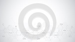 Abstract chemistry pattern on soft grey background with chemical formulas and molecular structures. Template design with