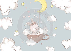Abstract childish little bunny flying in cup holding half moon on rope vector flat illustration