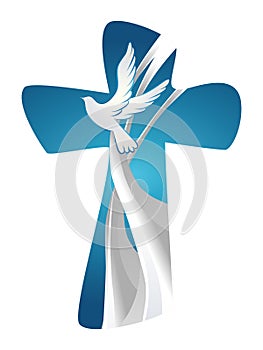 Abstract christian cross symbol Holy Spirit with dove on blue background