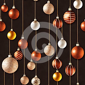 Abstract christmas background with baubles hanging on dark background - tileable background