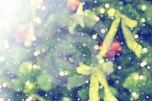 Abstract christmas background with christmas tree with decorations, defocused bokeh lights