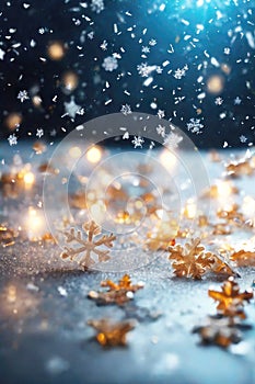 Abstract Christmas background with color mixing sparkling gold confetti. Winter blurred texture with snow and bokeh lights