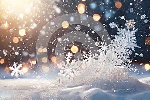 Abstract Christmas background with color mixing sparkling gold confetti. Winter blurred texture with snow and bokeh lights
