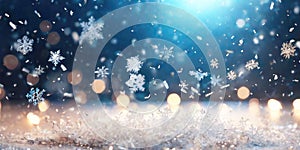 Abstract Christmas background with color mixing sparkling gold confetti. Winter blurred texture with snow and bokeh lights. Banner